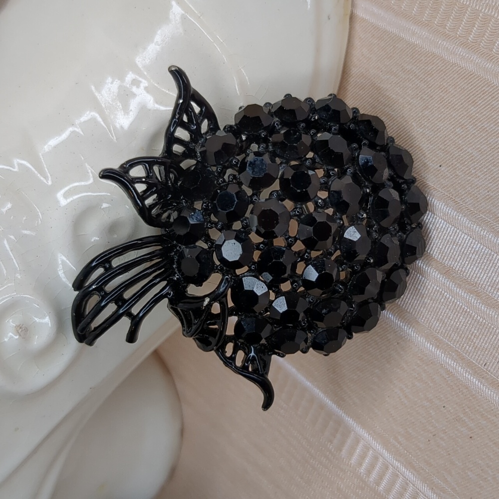 Vintage Black Rhinestone Apple Brooch Dark Victorian Goth Mourning Jewelry